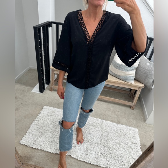 CBR Tops - Black Lace Trim Blouse Womens Boho Chic Flowy Top Date Night Casual | Size S